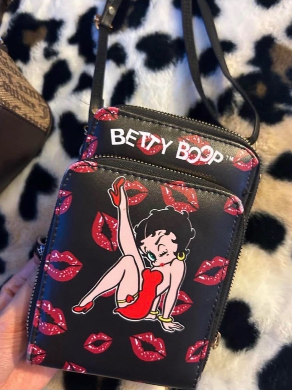 Betty Boop Black Crossbody Bag with Red Lip Print